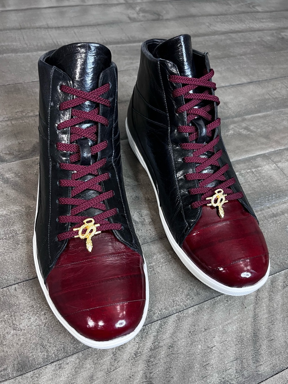 Belvedere Vitale High
Top Genuine EEL & Soft Calf Burgundy/Black Sz 10 C